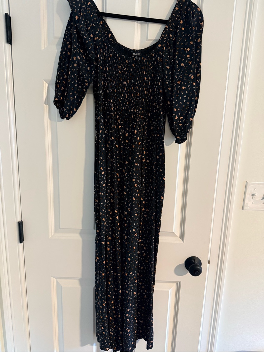 Madewell Black Jumpsuit with Peach Floral Print and Puff Sleeves
